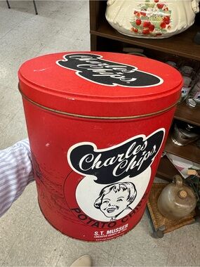 Vintage Charles Chips Large Red Tin Canister Potato Chips Lancaster PA